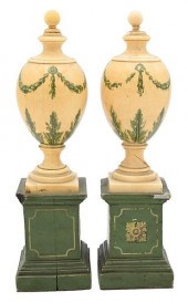 PAIR OF IVORY PAINTED URNS, EACH IN