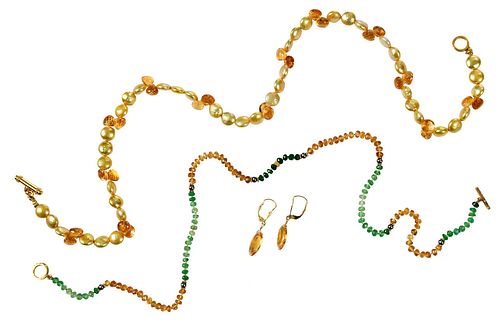 THREE PIECES GOLD PEARL AND GEMSTONE 379c92