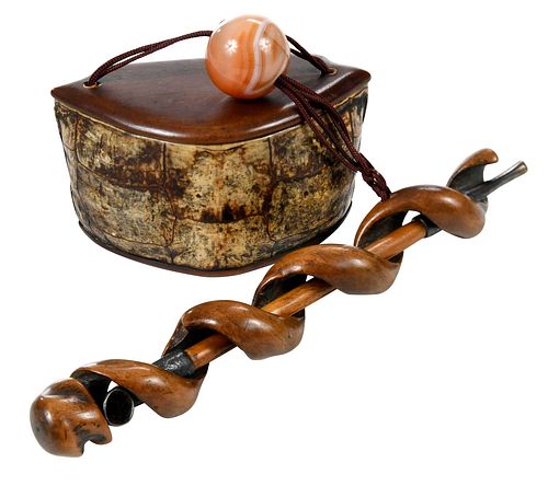CARVED WOOD PIPE AND HOLDER WITH