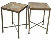 PAIR OF STEEL SIDE TABLES, HAVING GLASS