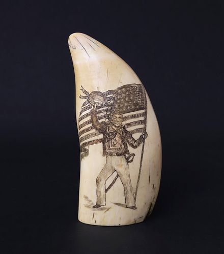 ANTIQUE SCRIMSHAW WHALE TOOTH DEPICTING 37ce2a