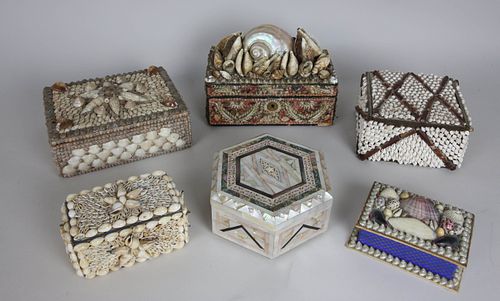 COLLECTION OF FIVE SHELLWORK ENCRUSTED 37d51e