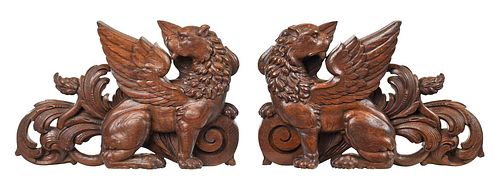 PAIR CARVED WOOD GRIFFIN ARCHITECTURAL 37bf22