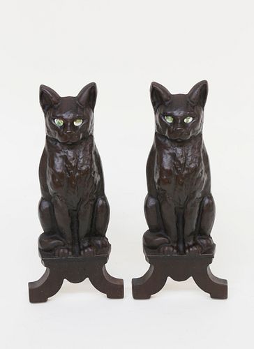 PAIR OF CAST IRON SEATED CAT ANDIRONS  37f729