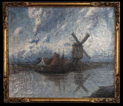 DUTCH WINDMILL OIL ON CANVAS PAINTING 37dc3a