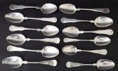 12 COIN SILVER SERVING AND TABLESPOONS,