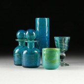 GROUP OF FIVE MDINA HAND BLOWN GLASSWARES,