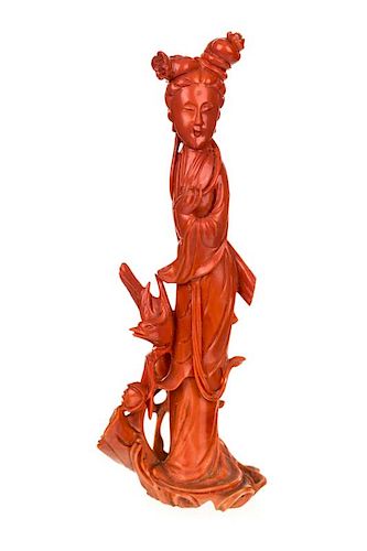 A CHINESE CARVED RED CORAL FIGURE 380842