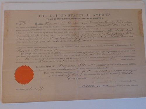 PRES US GRANT SIGNED LAND GRANTDated 383b61
