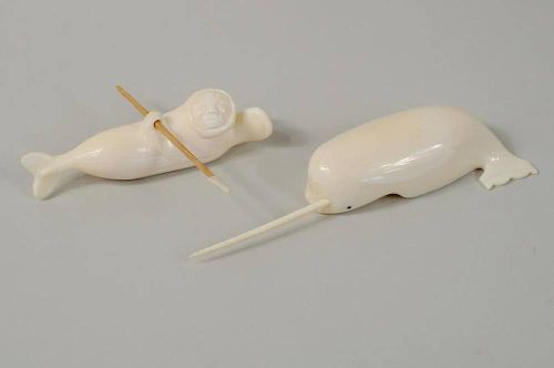 TWO INUIT CARVED MARINE IVORY SCULPTURESTwo 383cb3