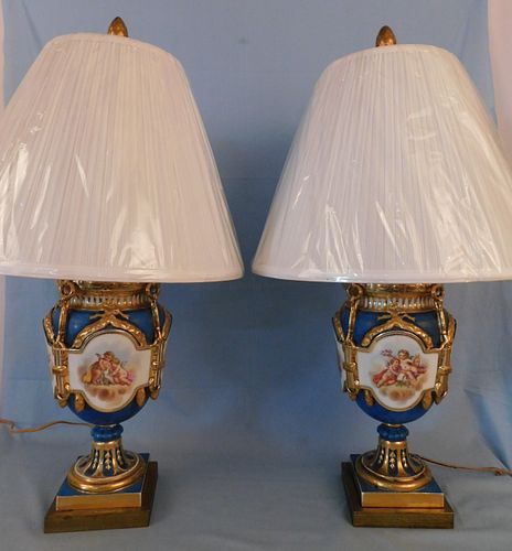 PAIR FRENCH PAINTED PORCELAIN LAMPS 3847b9