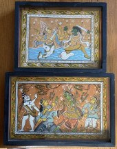 TWO INDIAN PAINTINGS IN SHADOW BOX FRAMESdepicting