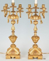 PAIR OF GILT BRONZE CANDELABRA, FITTED