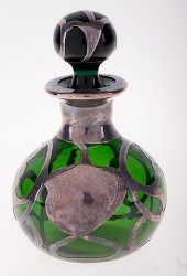 GREEN GLASS PERFUME BOTTLE WITH SILVER
