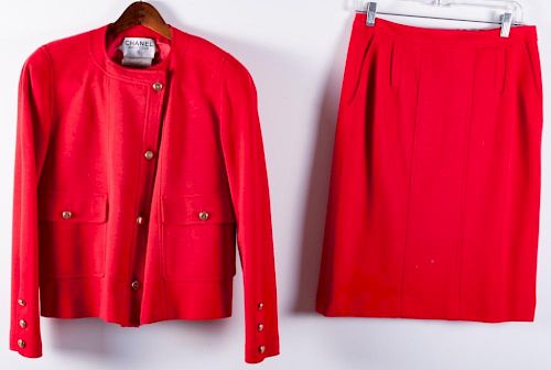 CHANEL RED WOOL SKIRT JACKET 385a4b
