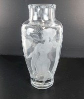 TALL FROSTED, ETCHED VASE W/ NUDESFrosted