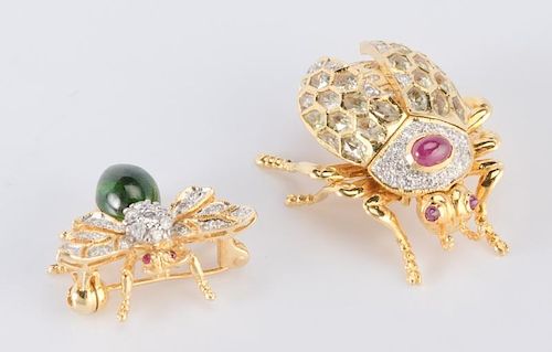 2 JEWELED BEETLE AND BEE PINS1st 3887c0