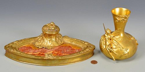 2 FRENCH BRONZE ITEMS INKSTAND 38912f