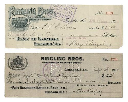 TRIO OF CHECKS SIGNED BY THE RINGLING 387711