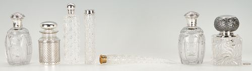 7 CUT GLASS BOTTLES W SILVER LIDS  387c06