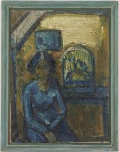 EMIL WESTMAN PAINTING, LADY WITH BIRDCAGEEmil