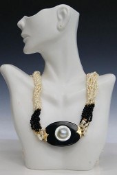 CHINESE BAROQUE PEARL ONYX 14KT Y GOLD