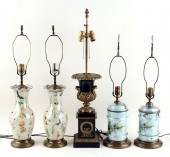 FIVE GLASS TABLE LAMPS CHINESE & NEOCLASSICALA