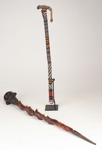 TWO AFRICAN CARVED WOOD AND BEADED