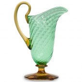 STEUBEN RIBBED POMONA GREEN GLASS CREAMERDESCRIPTION:
