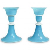 STEUBEN BLUE FLINT WHITE GLASS CANDLESTICKSDESCRIPTION: