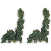 CHINESE CARVED SPINACH JADE FOO LIONSDESCRIPTION:
