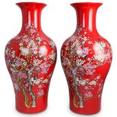 (2 PC) LARGE CHINESE RED CERAMIC VASESDESCRIPTION: