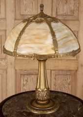 EARLY 20TH C. GILT METAL LAMP SLAG GLASS