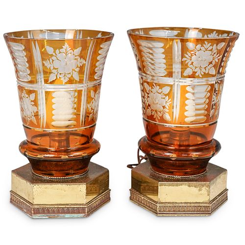  2 PC BOHEMIAN AMBER CRYSTAL TABLE 38ce1c