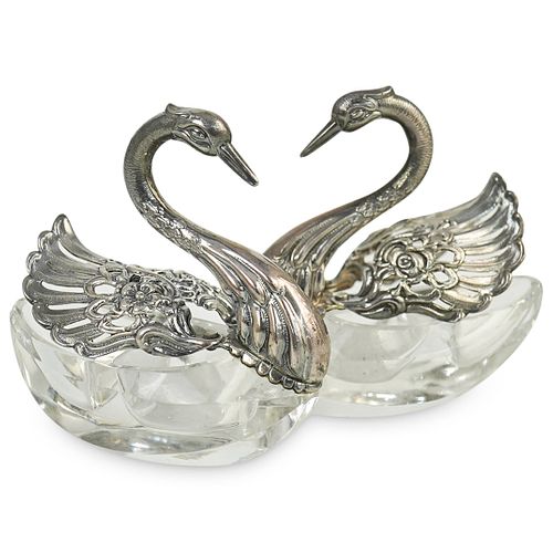  2 PC SILVER CRYSTAL SWANS  390786