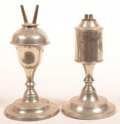 TWO AMERICAN PEWTER WHALE OIL LAMPS.Two