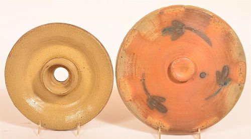 TWO VARIOUS STONEWARE POTTERY LIDS Two 39ca69