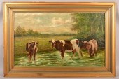 OIL ON CANVAS DEPICTING COWS IN A STREAM.Oil