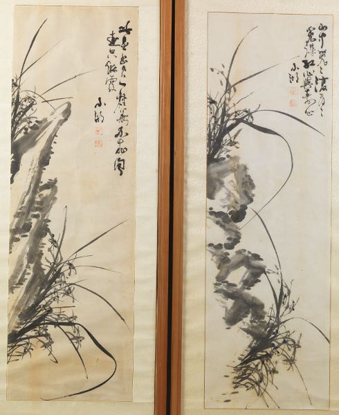 TWO FRAMED SCROLL PANELS OF ORCHIDS 3a0cd2