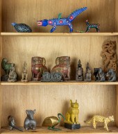 THREE SHELVES OF ETHNIC WOOD FIGURES 3a0d46