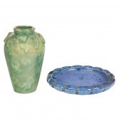 A FULPER POTTERY LOW BOWL WITH BLUE