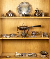 THREE SHELVES OF MAINLY SILVER PLATE