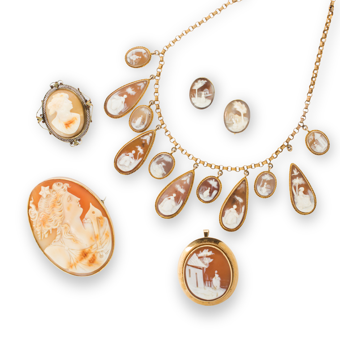 A GROUP OF CARVED SHELL CAMEO JEWELRY 3a2744