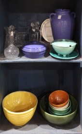 TWO SHELVES OF GLASS AND CERAMICS Two