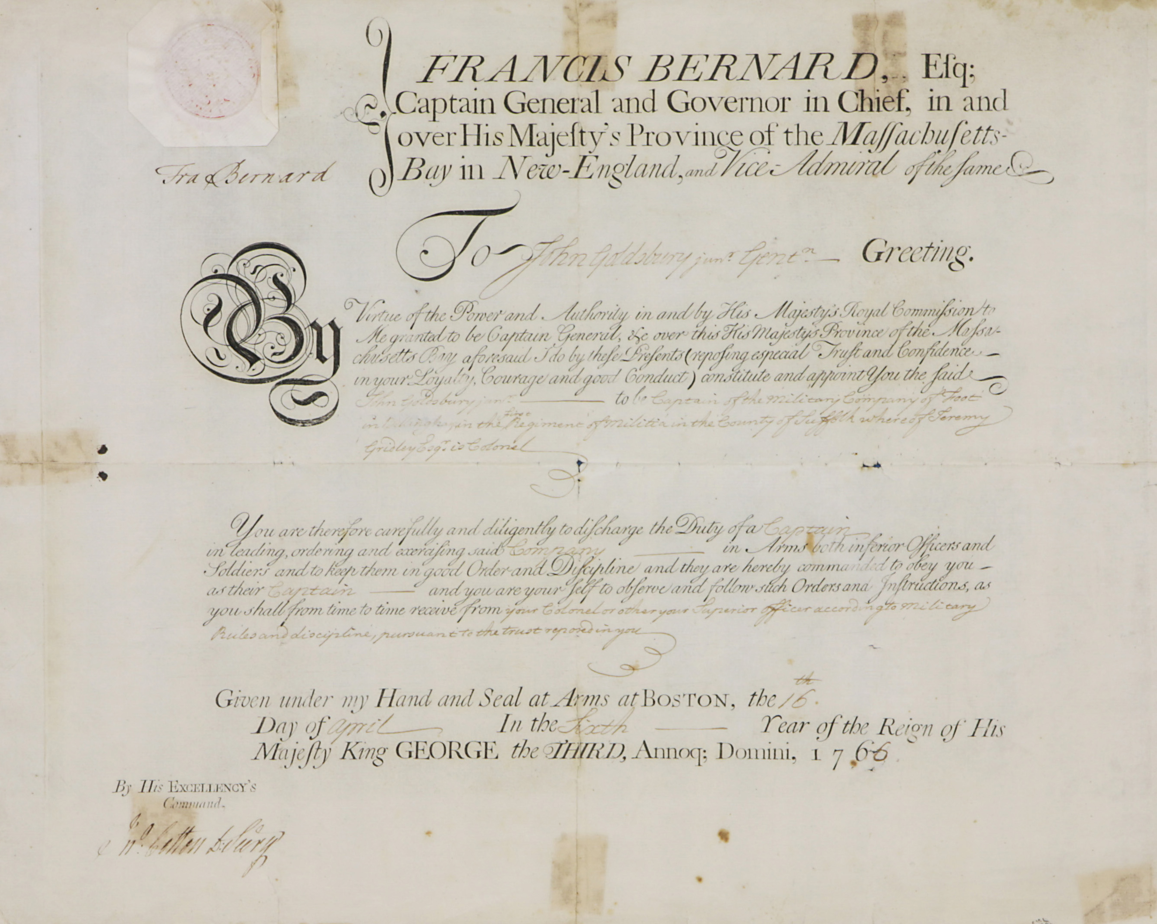 FRANCIS BERNARD 1766 MILITARY COMMISSION 3a63da