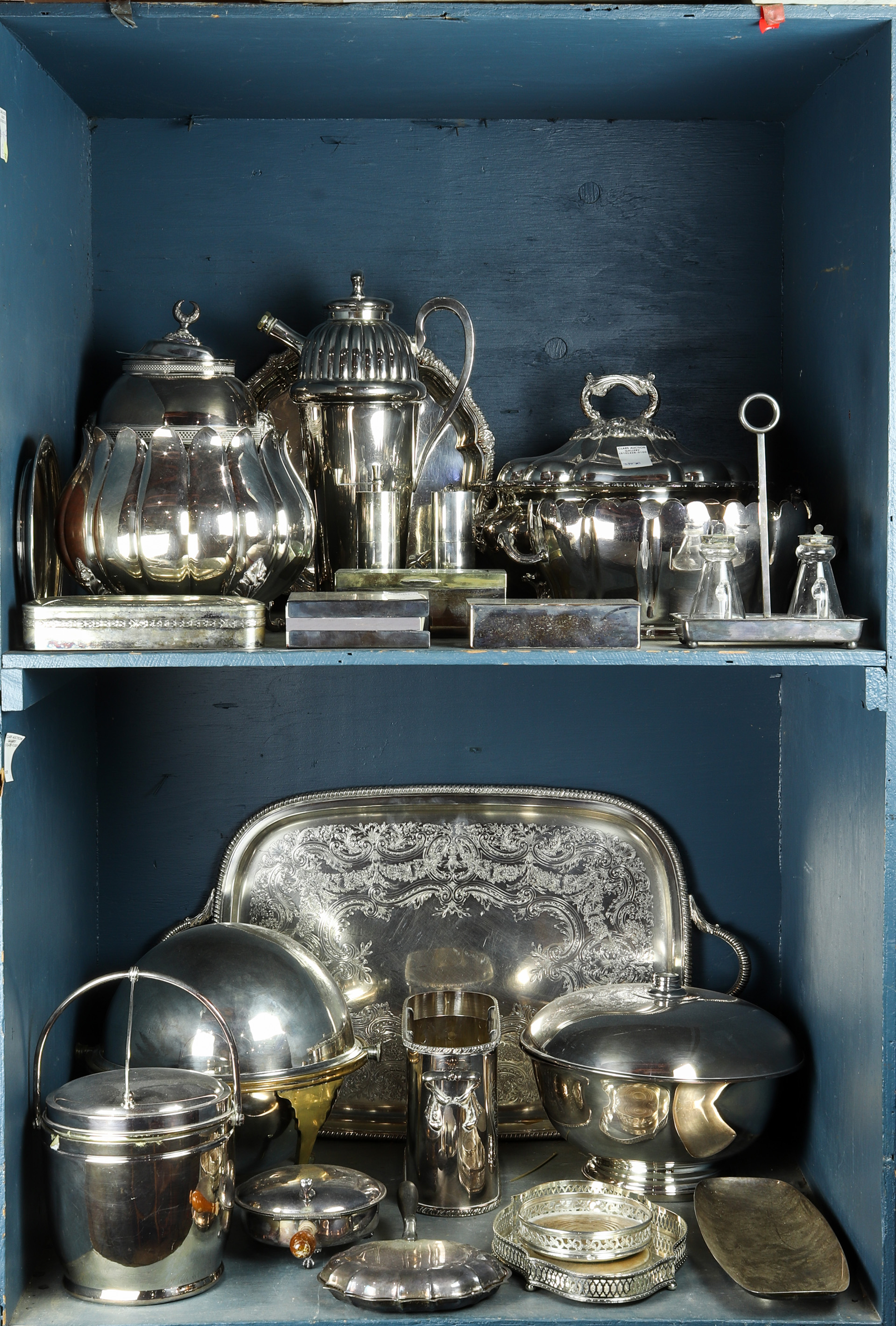 TWO SHELVES OF ASSOCIATED SILVER 3a4a34