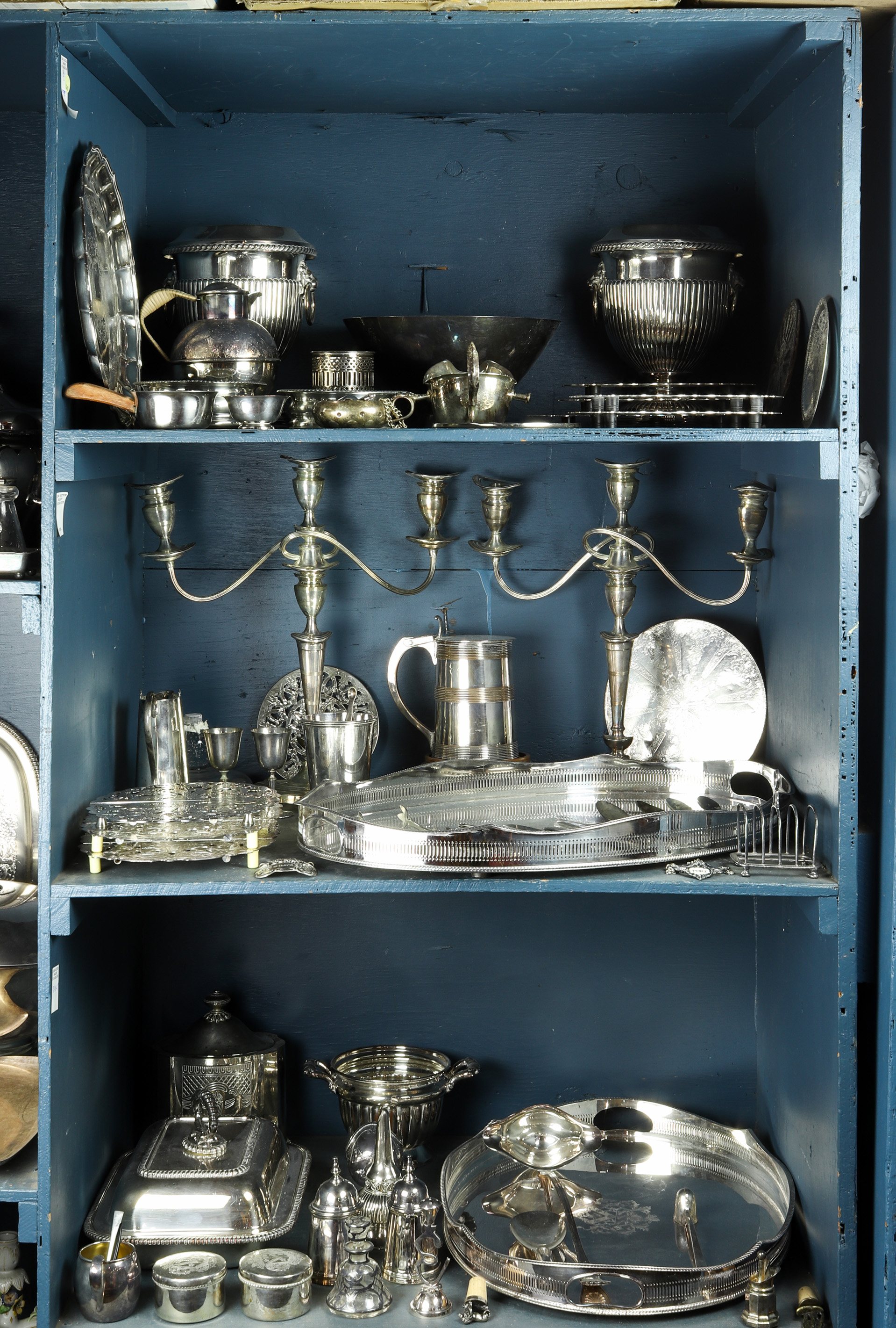 THREE SHELVES OF ASSORTED SILVER 3a4a32