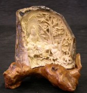 Japanese Carved Ivory Plaque on a Burled