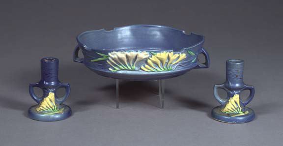 Three Piece Roseville Pottery Blue Glazed 3a56cb