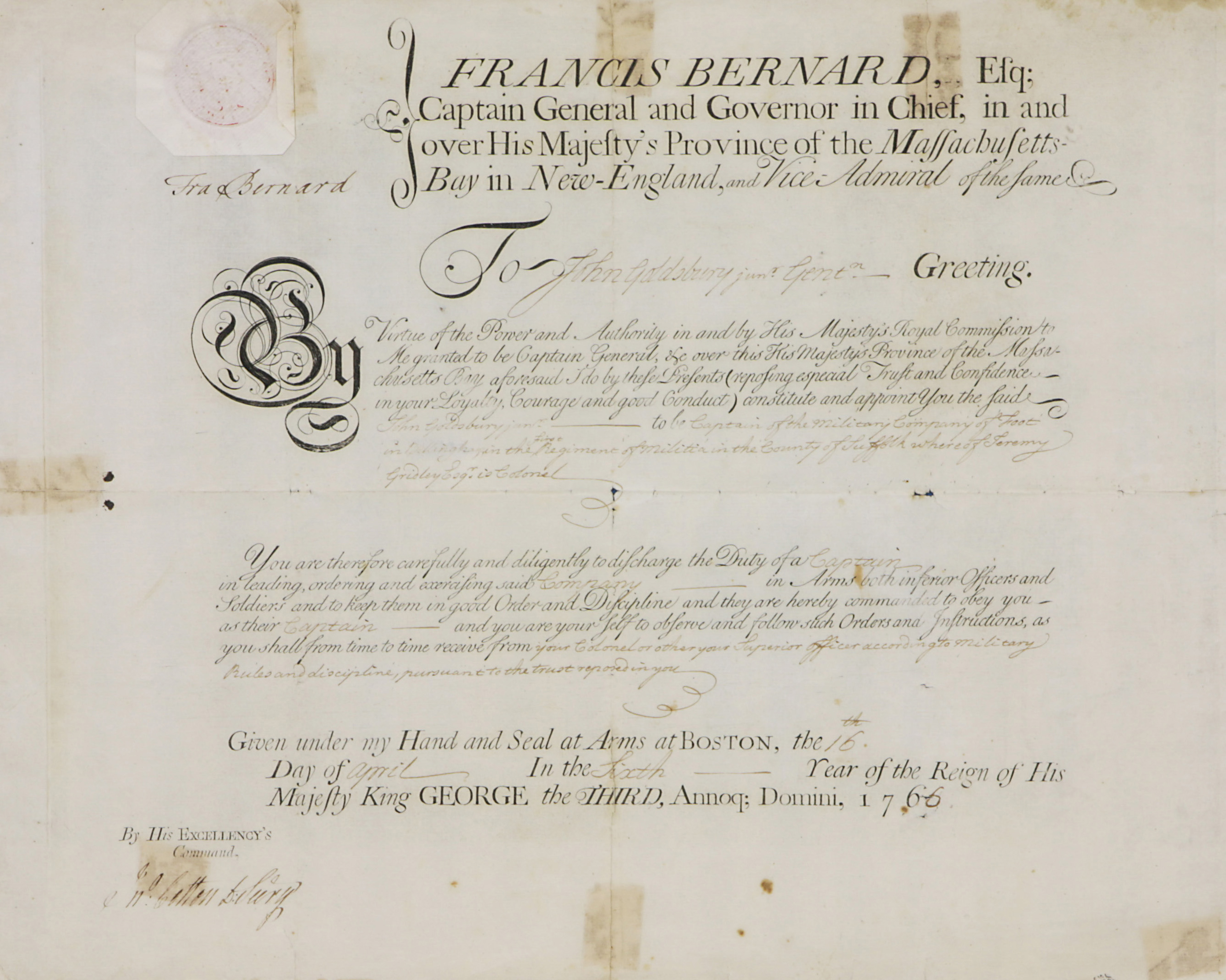 FRANCIS BERNARD 1766 MILITARY COMMISSION 3a56d3